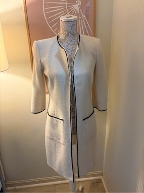 Moda International Cream Bouclé Long Open Jacket with Black Trim Accents